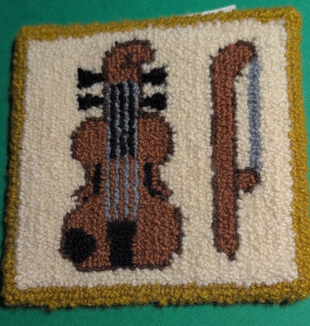 Handmade Hooked Violin Wall Hanging in Cream and Brown